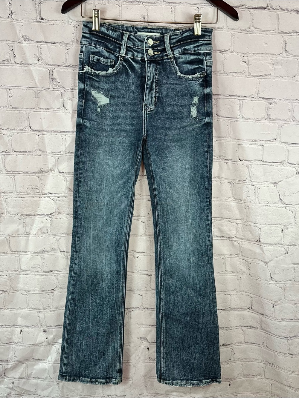 BKE Women's Dark Washed Flare Jeans with Distressed Accents